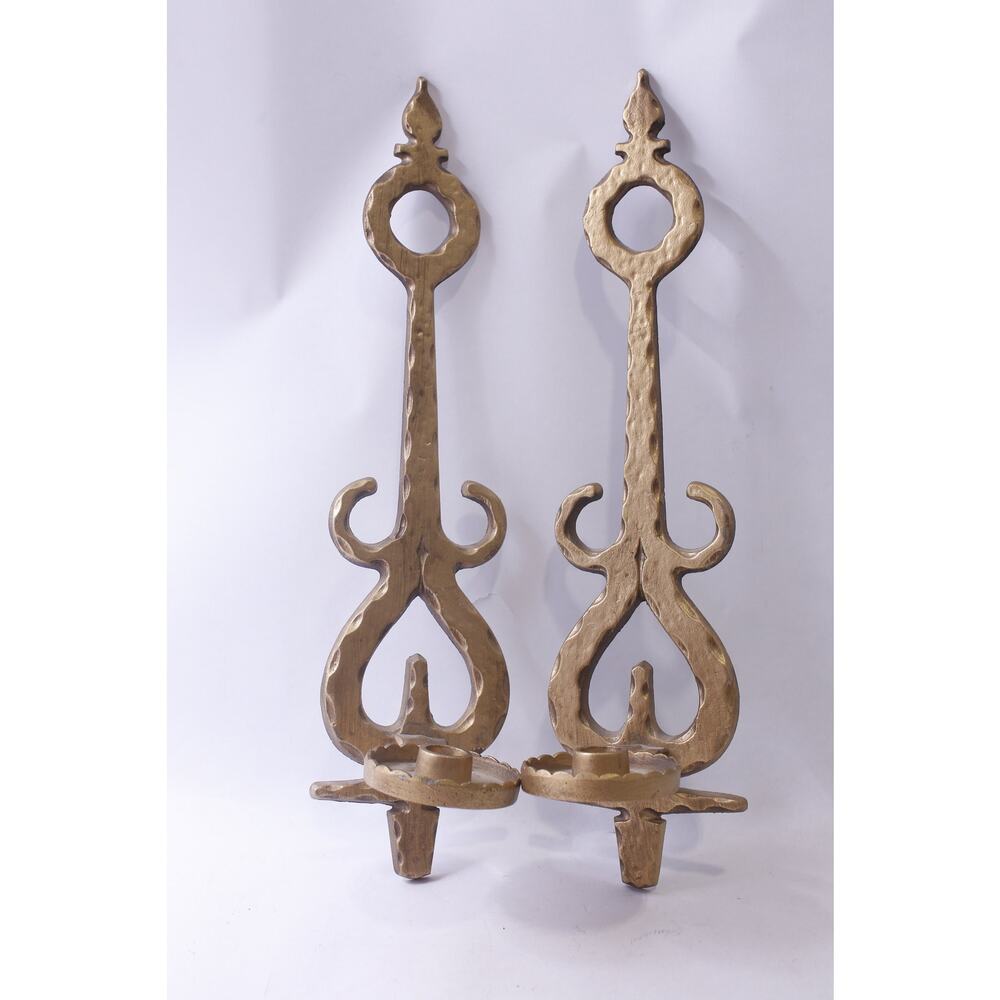 Vintage Brutalist Candle Sconces, Set of 2, Cast Metal, 18 inches, Wall Hanging,